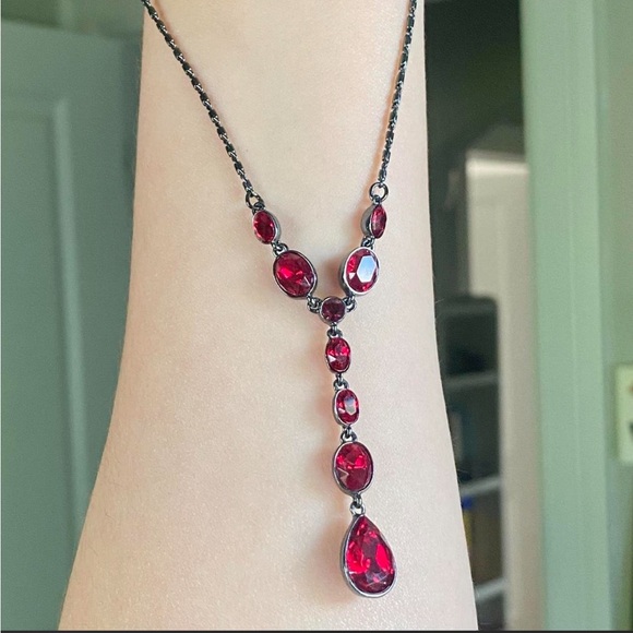 Givenchy Jewelry - GIVENCHY dainty modern gothic red & black crystal y-drop necklace EUC